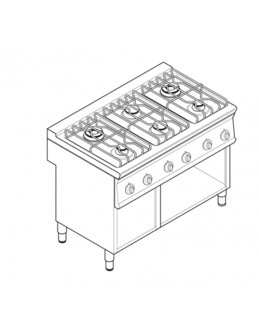 Cucina a gas 6 fuochi su vano aperto, potenza fuochi aperti 2x7,2kw+2x3,3kw+2x4,5kw - griglie inox - cm 120x70x90h