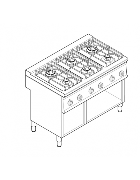 Cucina a gas 6 fuochi su vano aperto, potenza fuochi aperti 2x7,2kw+2x3,3kw+2x4,5kw - griglie inox - cm 120x70x90h