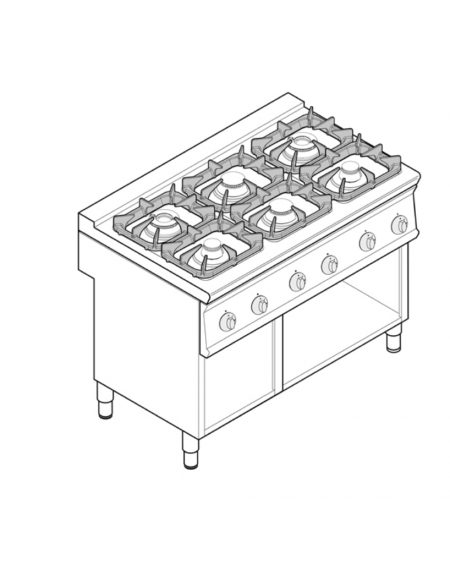 Cucina a gas 6 fuochi su vano aperto, potenza fuochi aperti 2x7,2kw+2x3,3kw+2x4,5kw - griglie in ghisa - cm 120x70x90h