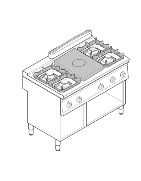 Cucina a gas 4 fuochi + tuttapiastra  cm 30,9x55,4 su vano a perto, fuochi aperti 1x7,2kw+1x3,3kw+2x4,5kw - griglie in ghisa - c