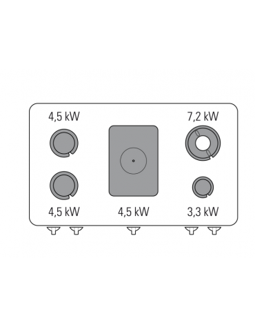 Cucina a gas 4 fuochi + tuttapiastra  cm 30,9x55,4 su vano a perto, fuochi aperti 1x7,2kw+1x3,3kw+2x4,5kw - griglie in ghisa - c