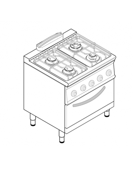 Cucina a gas 4 fuochi, forno a gas GN 2/1, fuochi aperti 1x3,3kw+2x4,5kw+1x7,2kw - cam. forno cm 57,5x65x30 - cm 80x70x90h