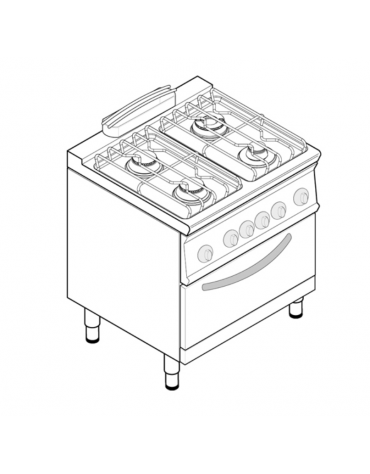 Cucina a gas 4 fuochi, forno elett. GN 2/1, fuochi aperti 1x3,3kw+2x4,5kw+1x7,2kw - cam. forno cm 57,5x65x30 - cm 80x70x90h