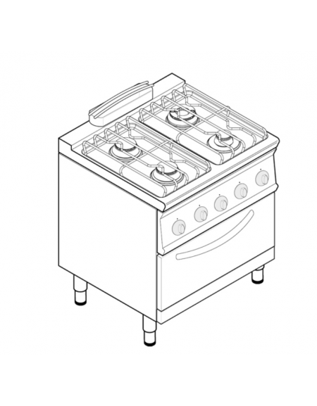 Cucina a gas 4 fuochi, forno elett. vent. GN 2/1, fuochi 1x3,3kw+2x4,5kw+1x7,2kw - cam. forno cm 57x51,5x30 - cm 80x70x90h