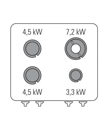 Cucina a gas 4 fuochi, forno elett. vent. GN 2/1, fuochi 1x3,3kw+2x4,5kw+1x7,2kw - cam. forno cm 57x51,5x30 - cm 80x70x90h