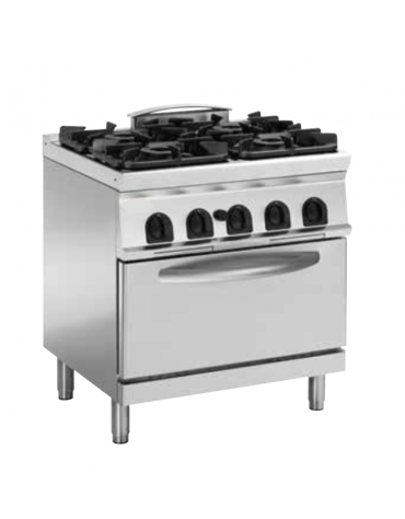 Cucina a gas 4 fuochi, forno a gas statico GN 2/1, fuochi aperti 1x3,3kw+2x4,5kw+1x7,2kw - cam. forno cm 57,5x65x30 - cm 80x70x9