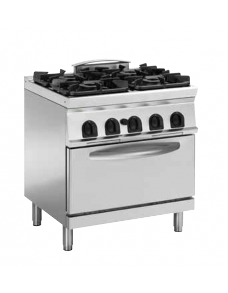 Cucina a gas 4 fuochi, forno a gas statico GN 2/1, fuochi aperti 1x3,3kw+2x4,5kw+1x7,2kw - cam. forno cm 57,5x65x30 - cm 80x70x9