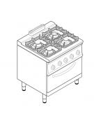 Cucina a gas 4 fuochi, forno a gas statico GN 2/1, fuochi aperti 1x3,3kw+2x4,5kw+1x7,2kw - cam. forno cm 57,5x65x30 - cm 80x70x9