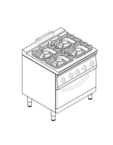 Cucina a gas 4 fuochi, forno a gas statico GN 2/1, fuochi aperti 4x7,2kw - cam. forno cm 57,5x65x30 - cm 80x70x90h