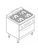 Cucina a gas 4 fuochi, forno elettr. statico GN 2/1, fuochi aperti 1x3,3kw+2x4,5kw+1x7,2kw - cam. forno cm 57,5x65x30 - cm 80x70