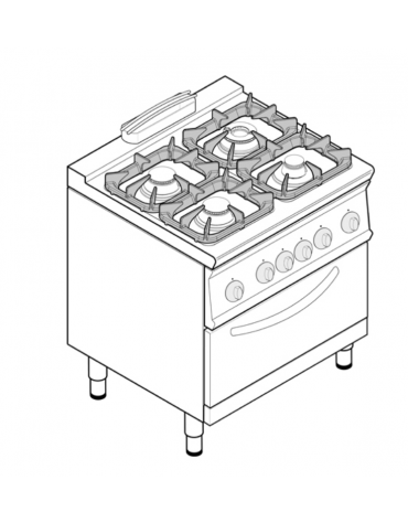 Cucina a gas 4 fuochi, forno elettr. statico GN 2/1, fuochi aperti 1x3,3kw+2x4,5kw+1x7,2kw - cam. forno cm 57,5x65x30 - cm 80x70