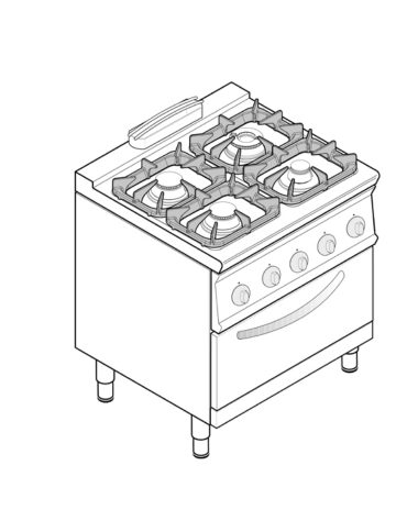 Cucina a gas 4 fuochi, forno elett. vent. GN 1/1, fuochi 1x3,3kw+2x4,5kw+1x7,2kw - cam. forno cm 57x51,5x30 - cm 80x70x90h