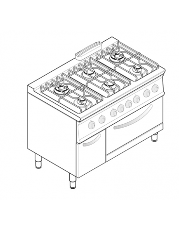 Cucina a gas 6 fuochi, forno a gas GN 2/1, fuochi aperti 2x3,3kw+2x4,5kw+2x7,2kw - cam. forno cm 57,5x65x30 - cm 120x70x90h