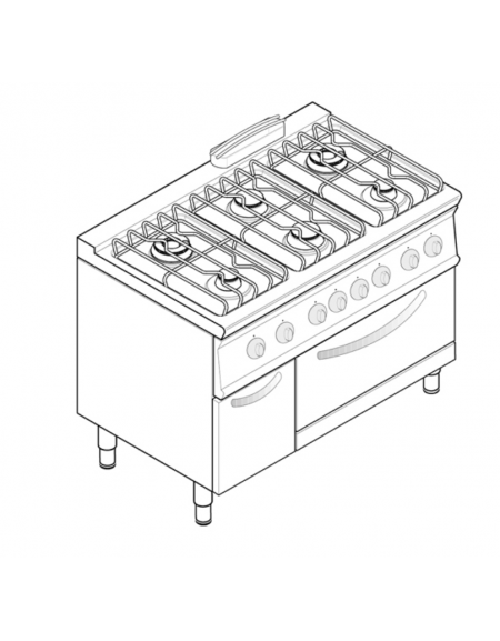 Cucina a gas 6 fuochi, forno a gas GN 2/1, fuochi aperti 2x3,3kw+2x4,5kw+2x7,2kw - cam. forno cm 57,5x65x30 - cm 120x70x90h