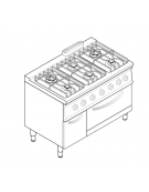 Cucina a gas 6 fuochi, forno elett. vent. GN 1/1, fuochi aperti 2x3,3+2x4,5+2x7,2kw - cam. forno cm 57,5x51,5x30 - cm 120x70x90h