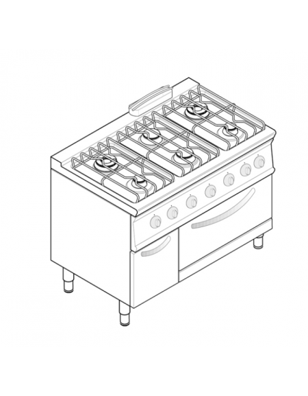 Cucina a gas 6 fuochi, forno elett. vent. GN 1/1, fuochi aperti 2x3,3+2x4,5+2x7,2kw - cam. forno cm 57,5x51,5x30 - cm 120x70x90h