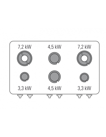 Cucina a gas 6 fuochi, forno elett. vent. GN 1/1, fuochi aperti 2x3,3+2x4,5+2x7,2kw - cam. forno cm 57,5x51,5x30 - cm 120x70x90h