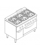 Cucina a gas 6 fuochi, forno elett. GN 2/1, fuochi aperti 2x3,3kw+2x4,5kw+2x7,2kw - cam. forno cm 57,5x65x30 - cm 120x70x90h