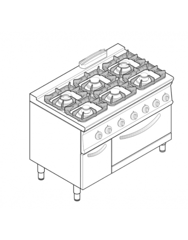 Cucina a gas 6 fuochi, forno elett. vent. GN 1/1, fuochi aperti 2x3,3+2x4,5+2x7,2kw - cam. forno cm 57,5x51,5x30 - cm 120x70x90h