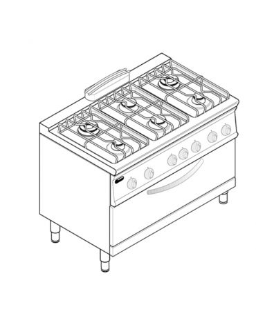 Cucina a gas 6 fuochi, forno a gas statico, fuochi aperti 2x7,2kw+2x3,3kw+2x4,5kw - cam. forno cm 92,5x63x30 - cm 120x70x90h