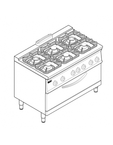 Cucina a gas 6 fuochi, forno a gas, fuochi aperti 2x7,2kw+2x3,3kw+2x4,5kw - cam. forno cm 92,5x63x30 - cm 120x70x90h