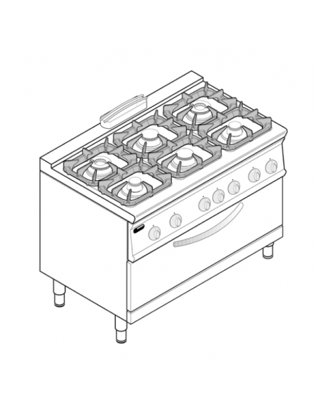 Cucina a gas 6 fuochi, forno a gas, fuochi aperti 2x7,2kw+2x3,3kw+2x4,5kw - cam. forno cm 92,5x63x30 - cm 120x70x90h