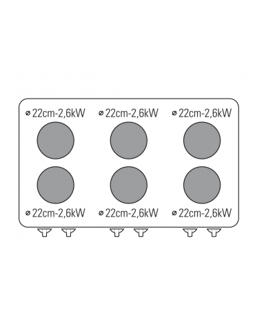 Cucina elettrica trifase-15,6kw, 6 piastre cm Ø22 su vano aperto dim. cm 113x57,4x39,5h - dim tot. cm 120x70x90h