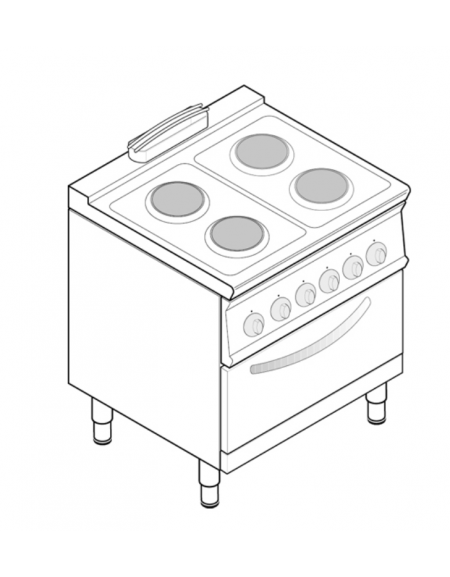 Cucina elettrica trifase-14kw, 4 piastre cm Ø22, su forno elettrico GN2/1 con camera cm 57,5x65x30 - cm 80x70x90h