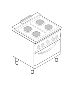 Cucina elettrica trifase-15,4kw, 4 piastre cm Ø22, su forno elett. vent.  GN1/1 con camera cm 57x51,5x30 - cm 80x70x90h