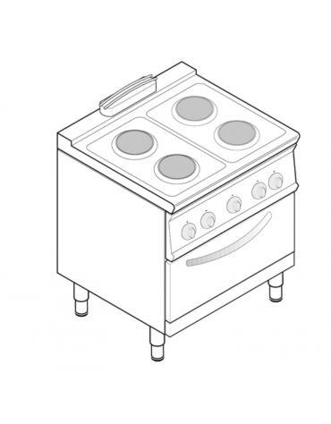 Cucina elettrica trifase-15,4kw, 4 piastre cm Ø22, su forno elett. vent.  GN1/1 con camera cm 57x51,5x30 - cm 80x70x90h