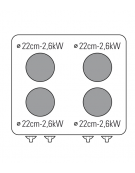 Cucina elettrica trifase-15,4kw, 4 piastre cm Ø22, su forno elett. vent.  GN1/1 con camera cm 57x51,5x30 - cm 80x70x90h