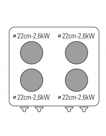 Cucina elettrica trifase-15,4kw, 4 piastre cm Ø22, su forno elett. vent.  GN1/1 con camera cm 57x51,5x30 - cm 80x70x90h