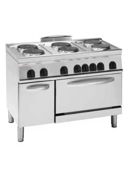 Cucina elettrica trifase-20,3kw, 6 piastre cm Ø22, su forno elettrico GN2/1 con camera cm 57,5x65x30 - cm 120x70x90h