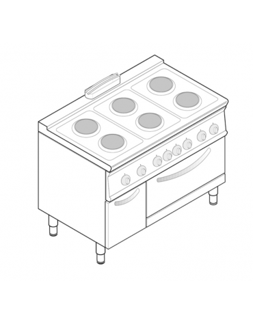 Cucina elettrica trifase-20,3kw, 6 piastre cm Ø22, su forno elettrico GN2/1 con camera cm 57,5x65x30 - cm 120x70x90h