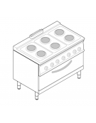 Cucina elettrica trifase-20,6kw, 6 piastre cm Ø22, su forno elett. vent. GN1/1 con camera cm 92x51,5x30 - cm 120x70x90h