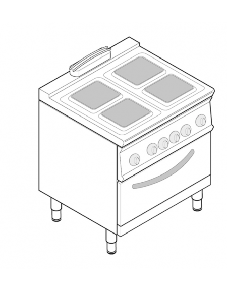 Cucina elettrica trifase-15,1kw, 4 piastre cm 22x22, su forno elettrico GN2/1, con camera cm 57,5x65x30 -cm 80x70x90h