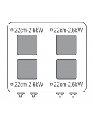 Cucina elettrica trifase-15,1kw, 4 piastre cm 22x22, su forno elettrico GN2/1, con camera cm 57,5x65x30 -cm 80x70x90h