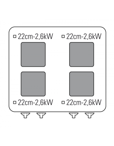 Cucina elettrica trifase-15,1kw, 4 piastre cm 22x22, su forno elettrico GN2/1, con camera cm 57,5x65x30 -cm 80x70x90h