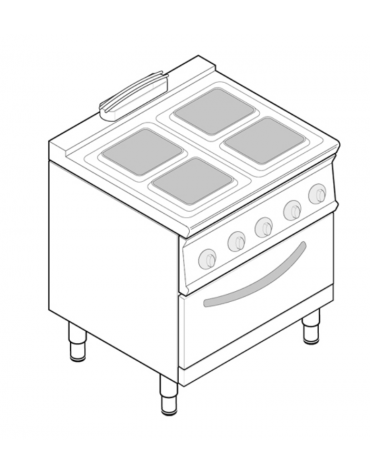 Cucina elettrica trifase-15,4kw, 4 piastre cm 22x22, su forno elett. vent. GN1/1, con camera cm 57x51,5x30 -cm 80x70x90h