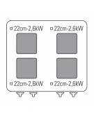 Cucina elettrica trifase-15,4kw, 4 piastre cm 22x22, su forno elett. vent. GN1/1, con camera cm 57x51,5x30 -cm 80x70x90h