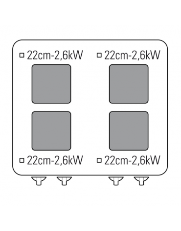 Cucina elettrica trifase-15,4kw, 4 piastre cm 22x22, su forno elett. vent. GN1/1, con camera cm 57x51,5x30 -cm 80x70x90h