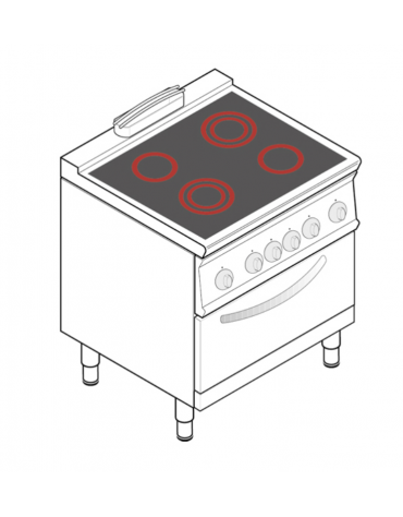 Cucina elettrica trifase-13,3kw, con 4 piani di cottura in vetroceramica, cam. forno cm 57,5x65x30  - dim tot. cm 80x70x90h