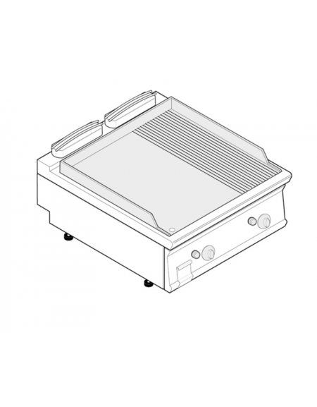 Fry top a gas da banco, 14 kw, piastra 1/3Rigata 2/3Liscia, cons. gas 1,48 m³/h - sup. di cottura cm 74,8x56,4  - dim. 80x70x28h