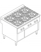 Cucina a gas 6 fuochi su vano aperto, potenza fuochi aperti 6X8kw - cm 120x90x90h