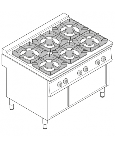 Cucina a gas 6 fuochi su vano aperto, potenza fuochi aperti 6X8kw - cm 120x90x90h