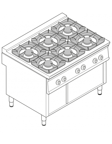 Cucina a gas 6 fuochi su vano aperto, potenza fuochi aperti 6X8kw - cm 120x90x90h