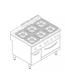 Cucina a gas 6 fuochi, forno a gas GN 2/1, fuochi aperti 6x8kw - cam. forno cm 57,5x65x30 - cm 120x90x90h