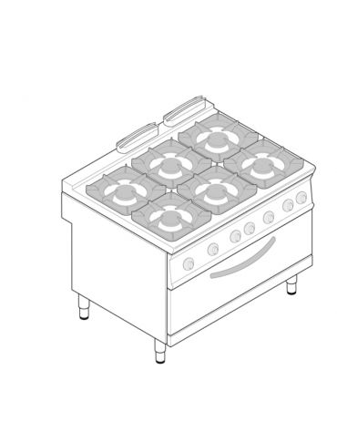 Cucina a gas 6 fuochi, forno a gas Full size, fuochi aperti 6x8kw - cam. forno cm 62,5x63x30 - cm 120x90x90h