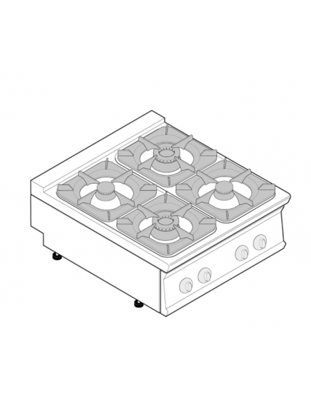 Cucina a gas 4 fuochi da banco, acciaio Inox, potenza fuochi 2x5,5kw + 2x9kw - cm 80x90x28h