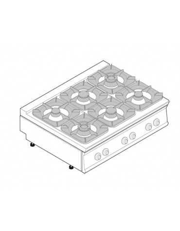 Cucina a gas 6 fuochida banco, acciaio Inox, potenza fuochi 4x5,5kw + 2x9kw - cm 120x90x28h